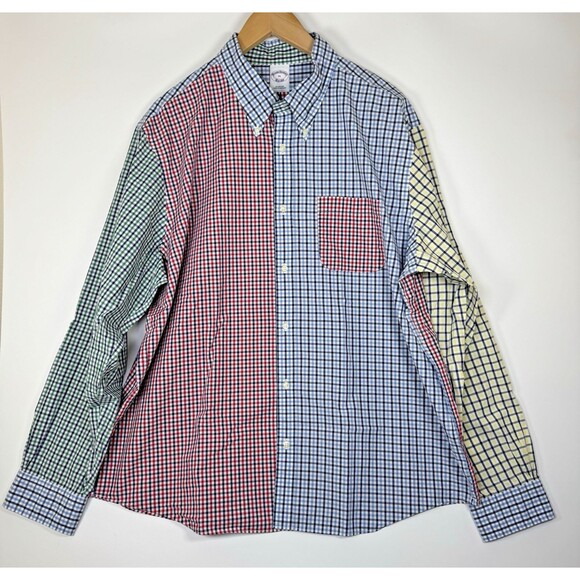 Brooks Brothers Mens XL Patchwork Check Button Down Shirt Multicolor Gingham - Picture 1 of 16